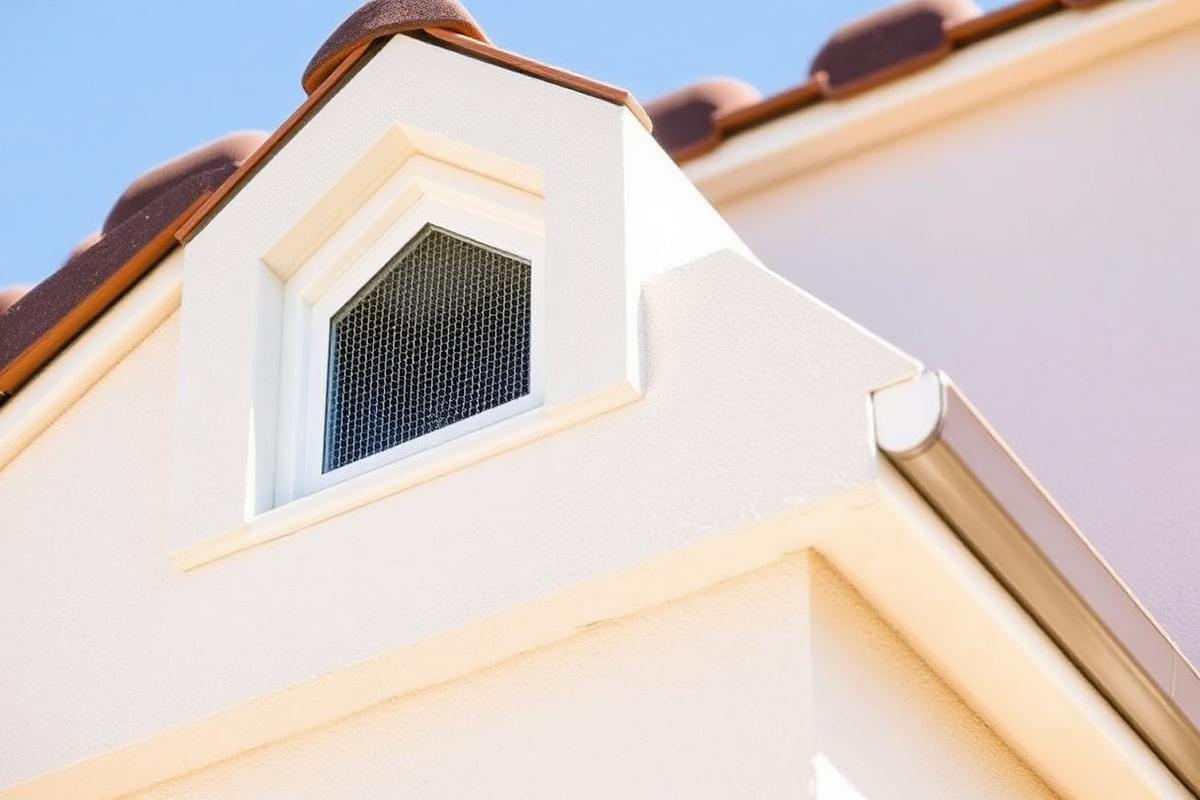 Ember-resistant attic vent with fine metal mesh installed in a stucco wall