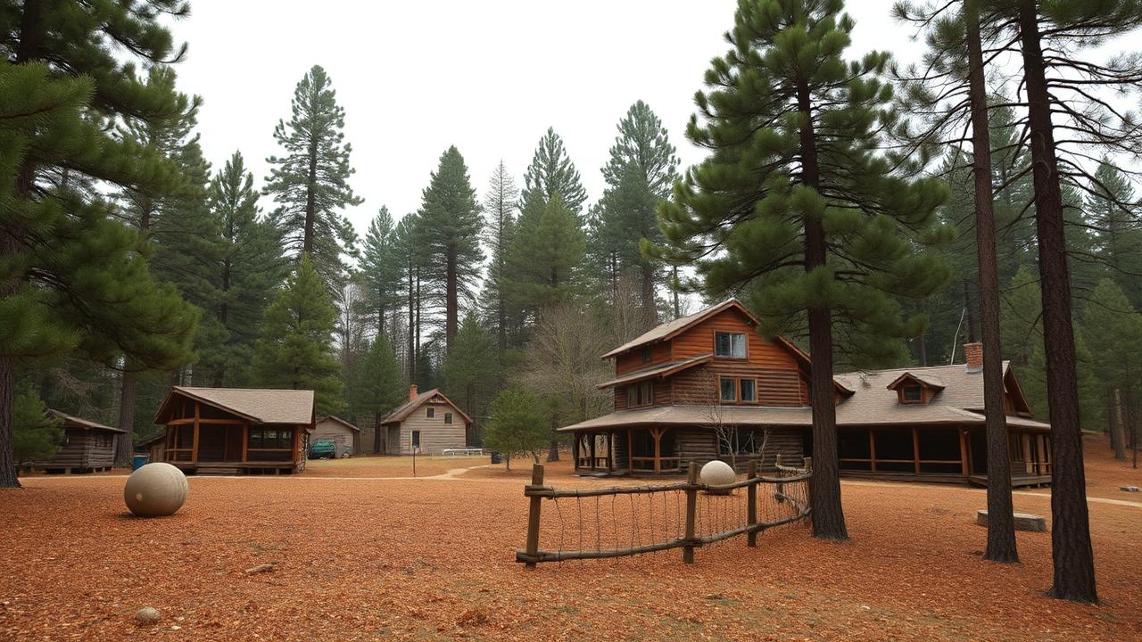 Mountain homes surrounded by conifer pines with needle litter on the ground