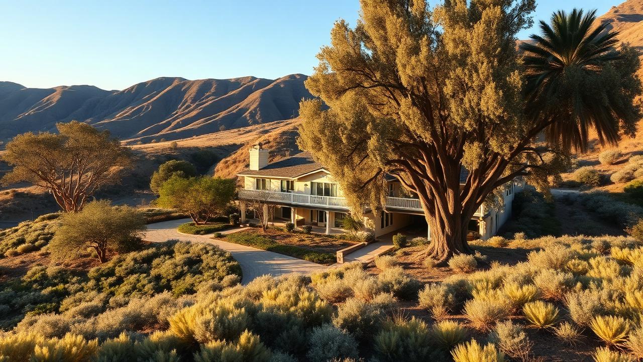 Large estate home with mature eucalyptus and dense landscaping beside a canyon