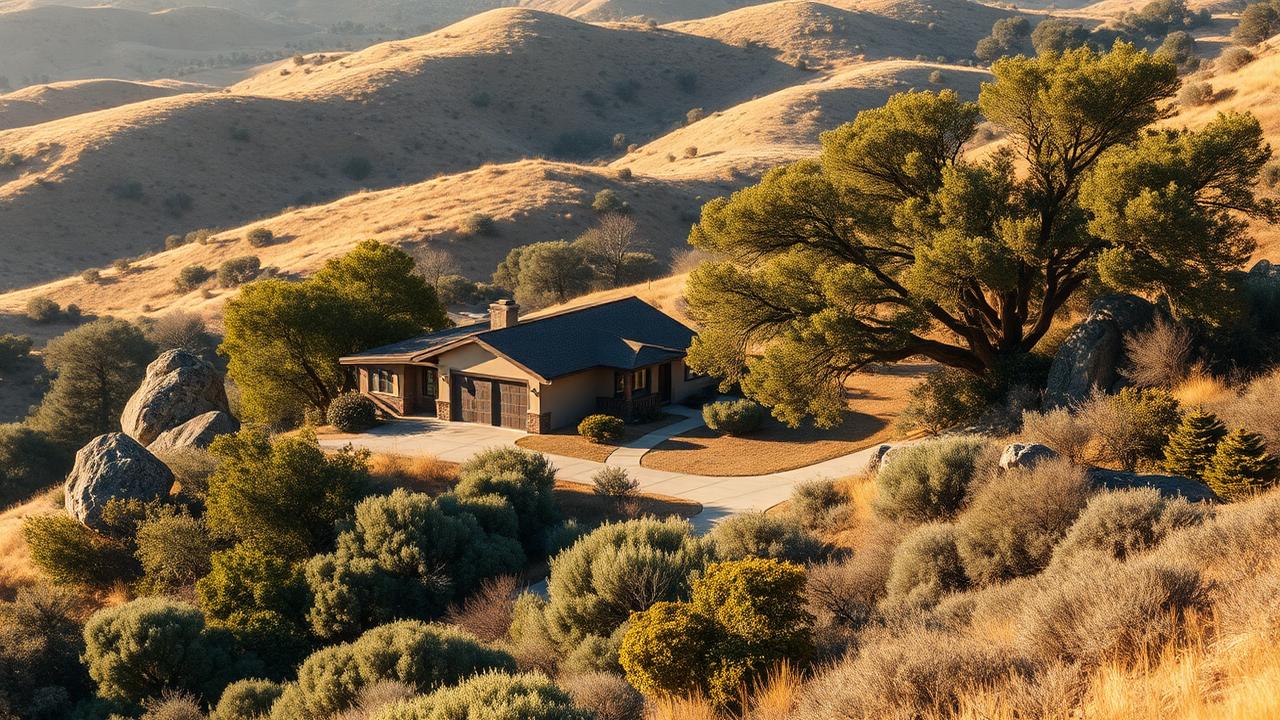 Foothill home surrounded by granite boulders, oaks and dense chaparral